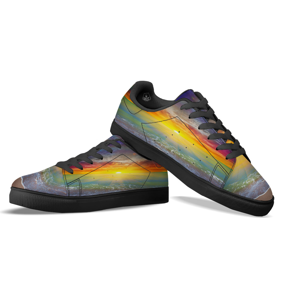 Sunset And Rainbow On Beach Print Black Low Top Sneakers-grizzshop