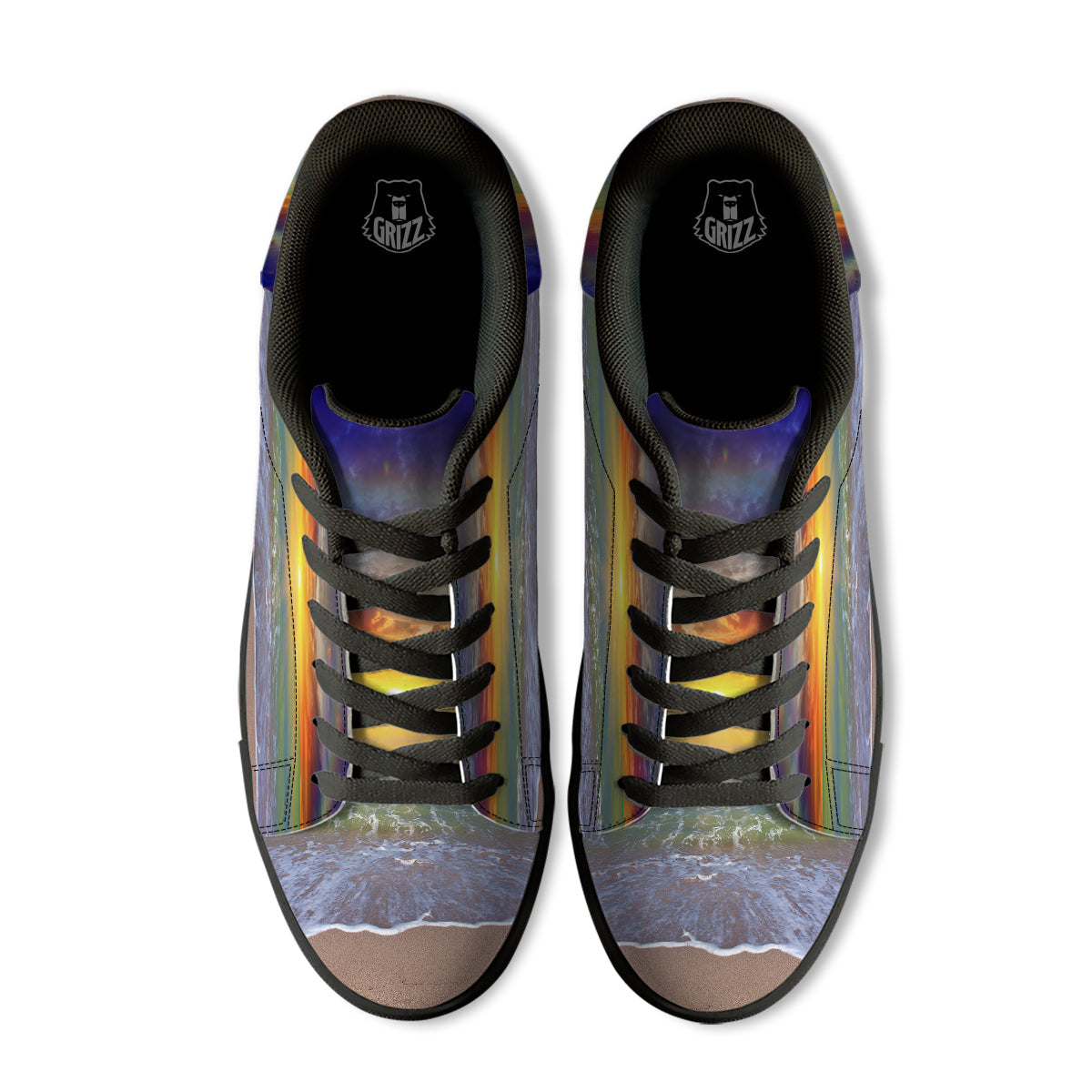 Sunset And Rainbow On Beach Print Black Low Top Sneakers-grizzshop