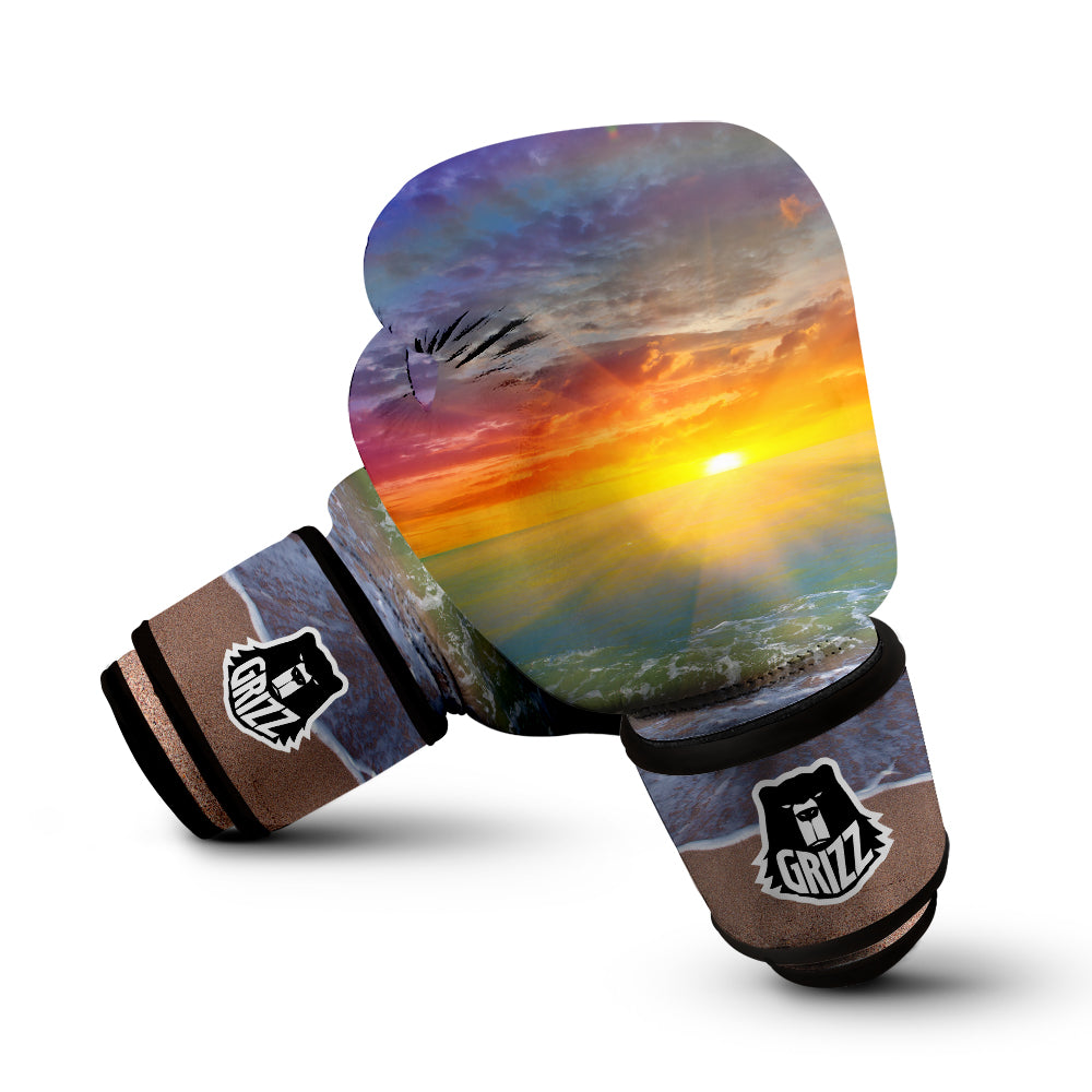 Sunset And Rainbow On Beach Print Boxing Gloves-grizzshop