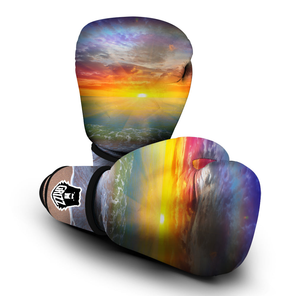 Sunset And Rainbow On Beach Print Boxing Gloves-grizzshop