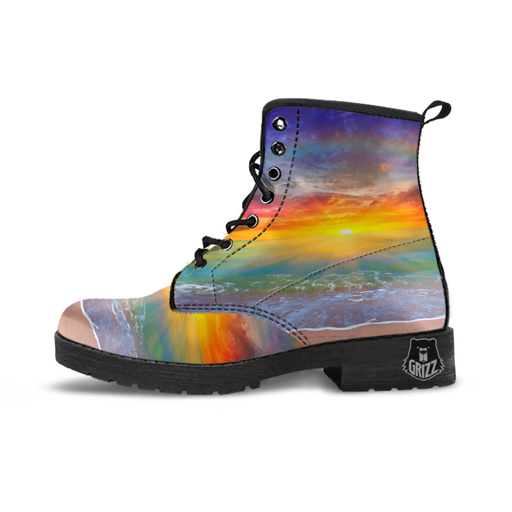Sunset And Rainbow On Beach Print Leather Boots-grizzshop