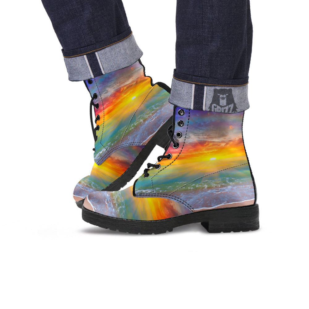 Sunset And Rainbow On Beach Print Leather Boots-grizzshop
