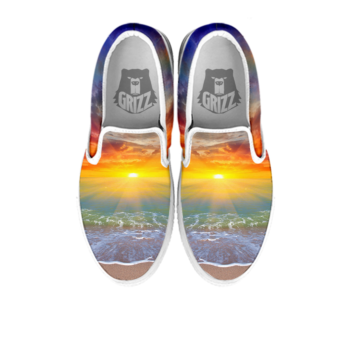 Sunset And Rainbow On Beach Print White Slip On Shoes-grizzshop