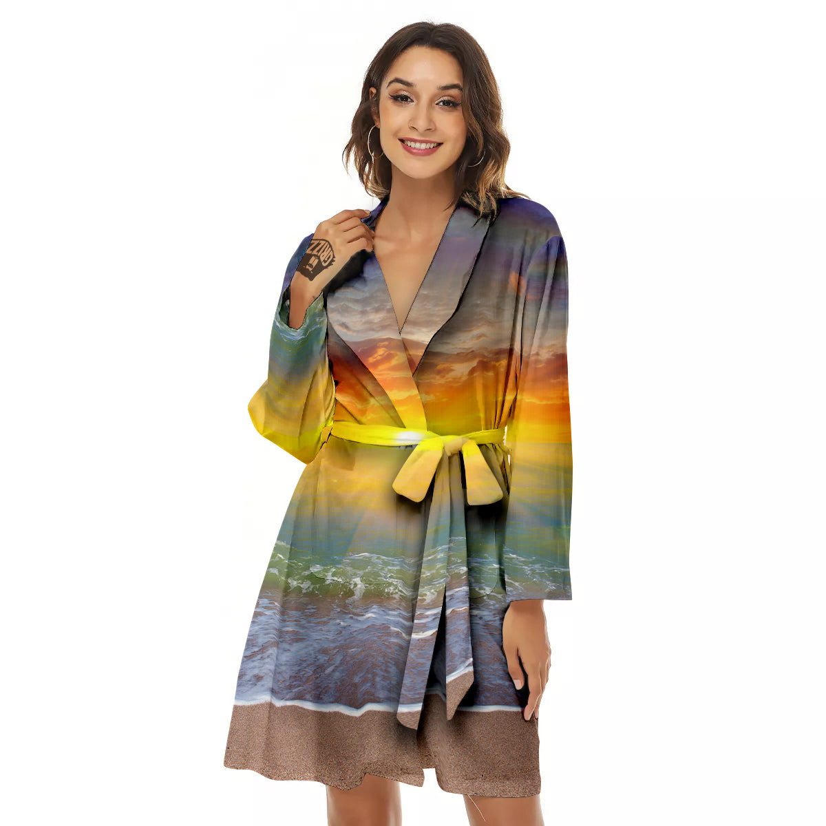 Sunset And Rainbow On Beach Print Women's Robe-grizzshop