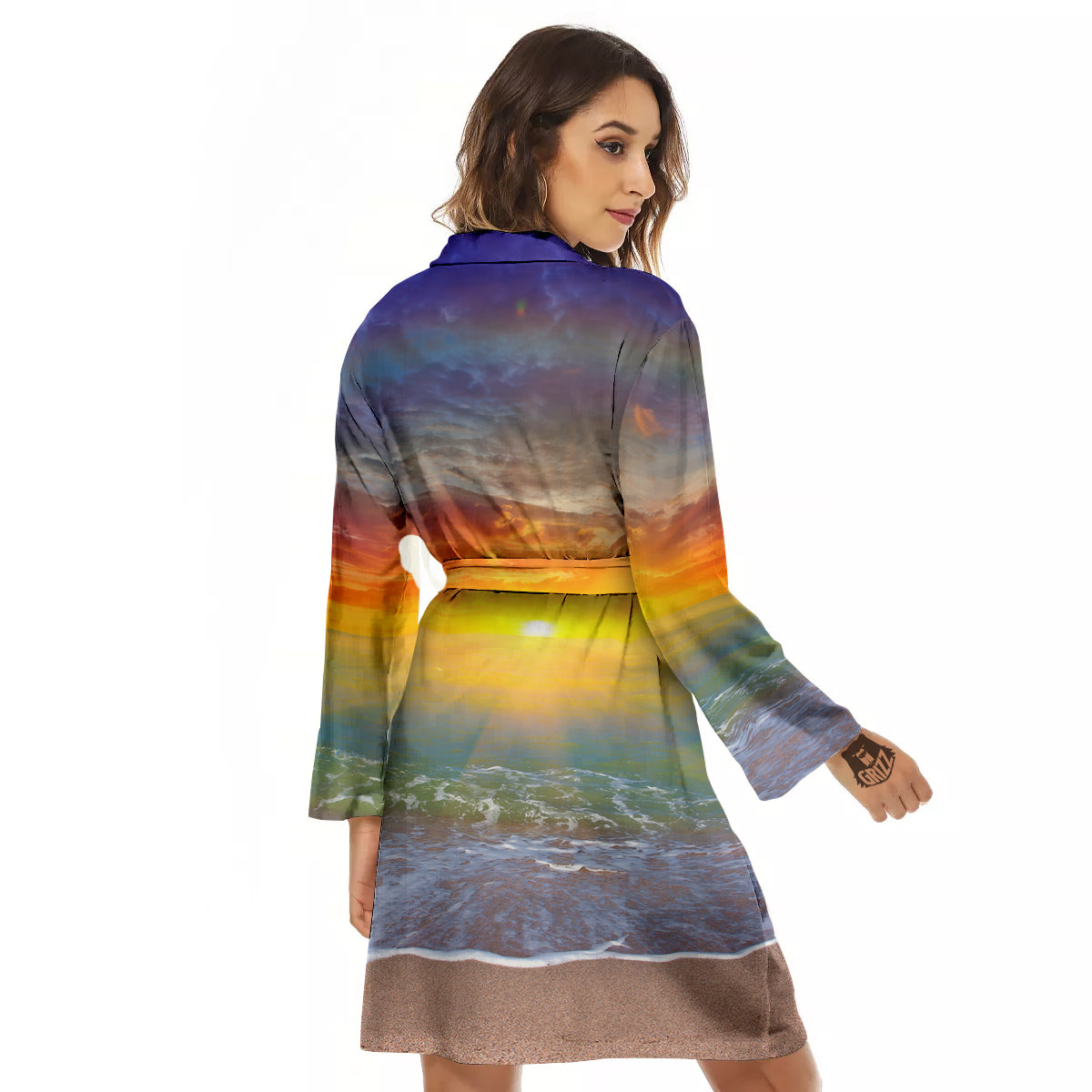 Sunset And Rainbow On Beach Print Women's Robe-grizzshop