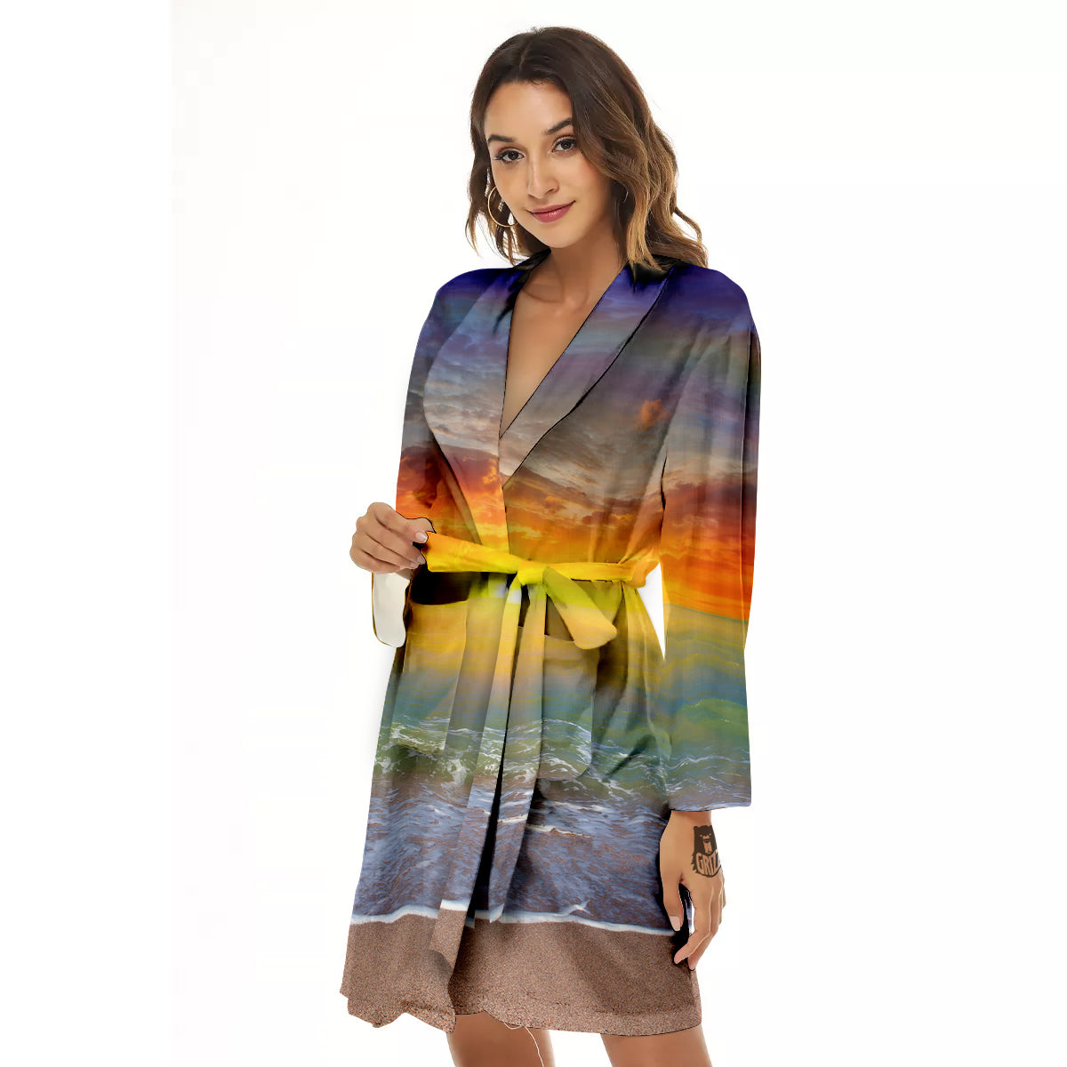 Sunset And Rainbow On Beach Print Women's Robe-grizzshop