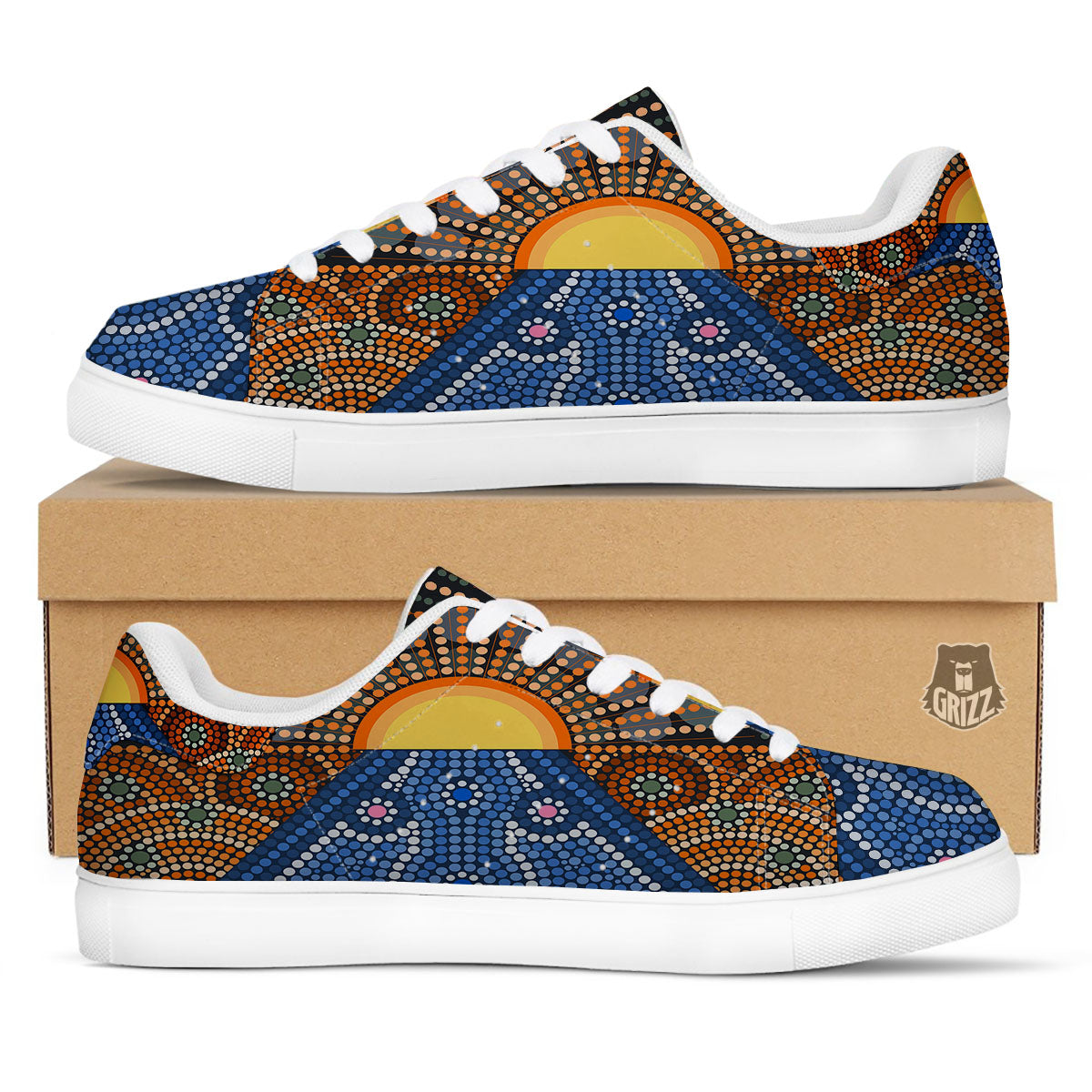 Sunset Art Aboriginal Indigenous Print White Low Top Sneakers-grizzshop