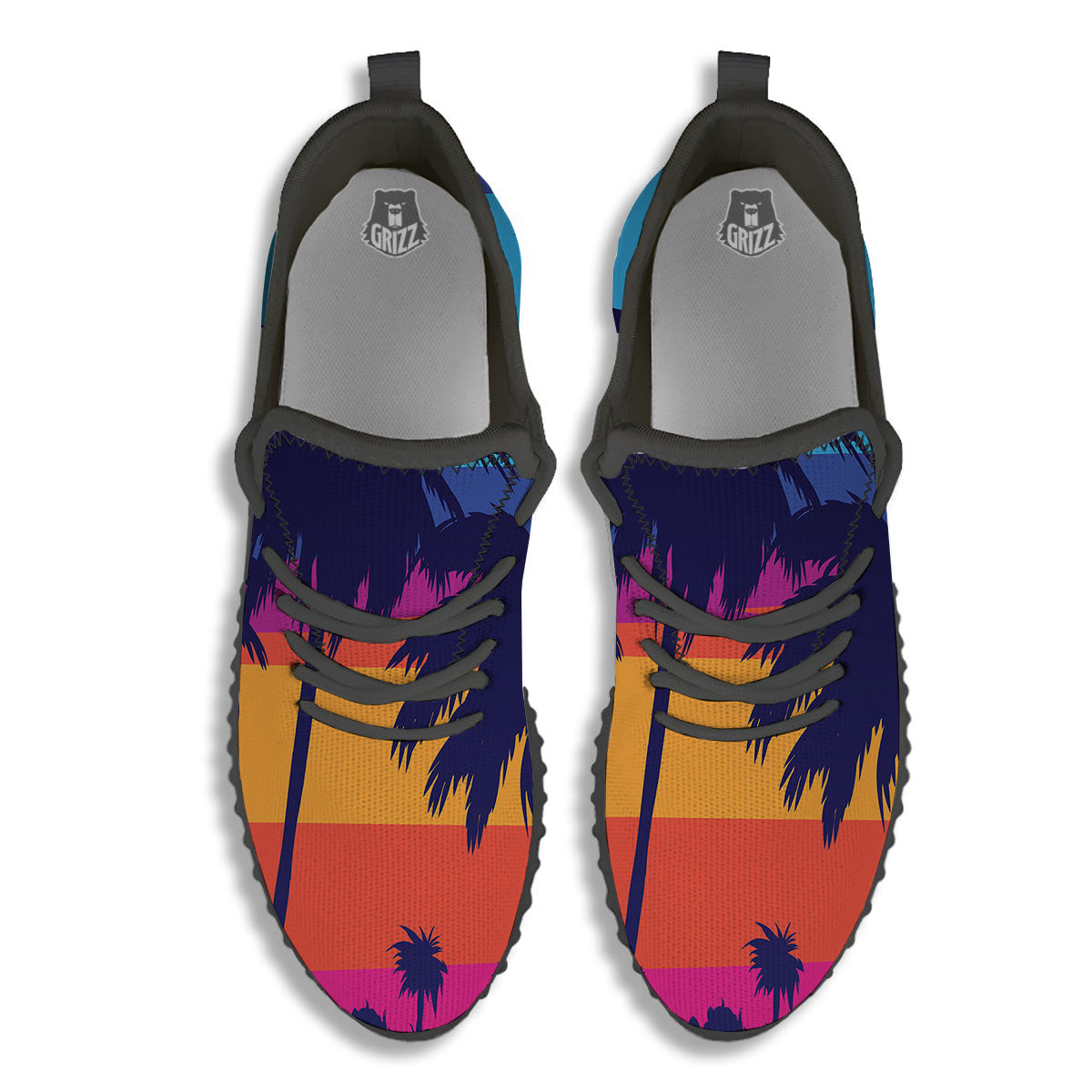 Sunset On The Beach And Palm Trees Print Black Walking Shoes-grizzshop