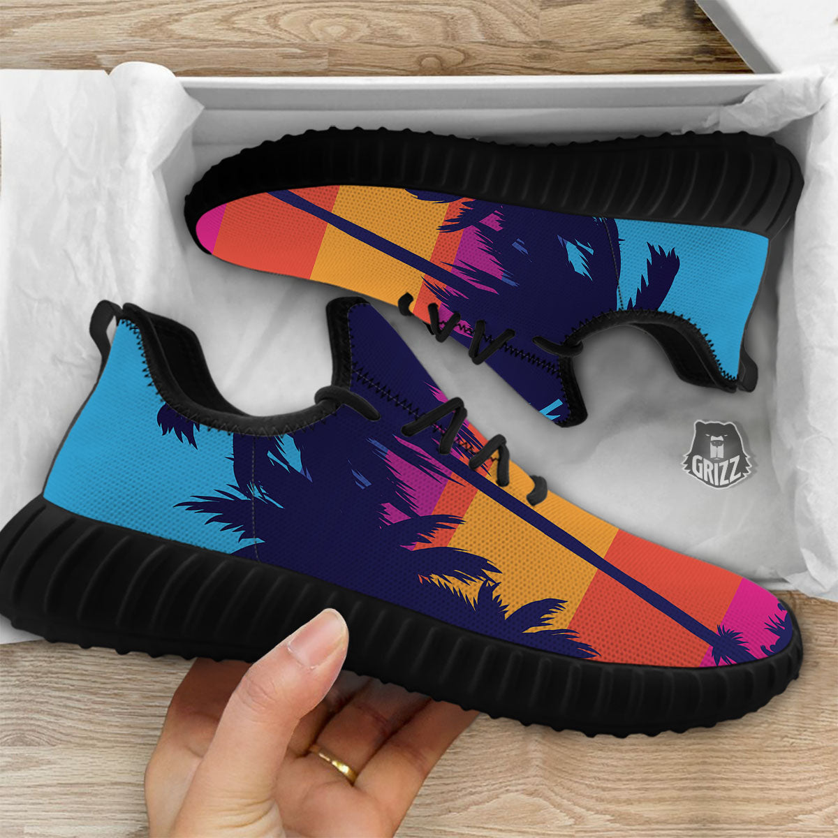 Sunset On The Beach And Palm Trees Print Black Walking Shoes-grizzshop