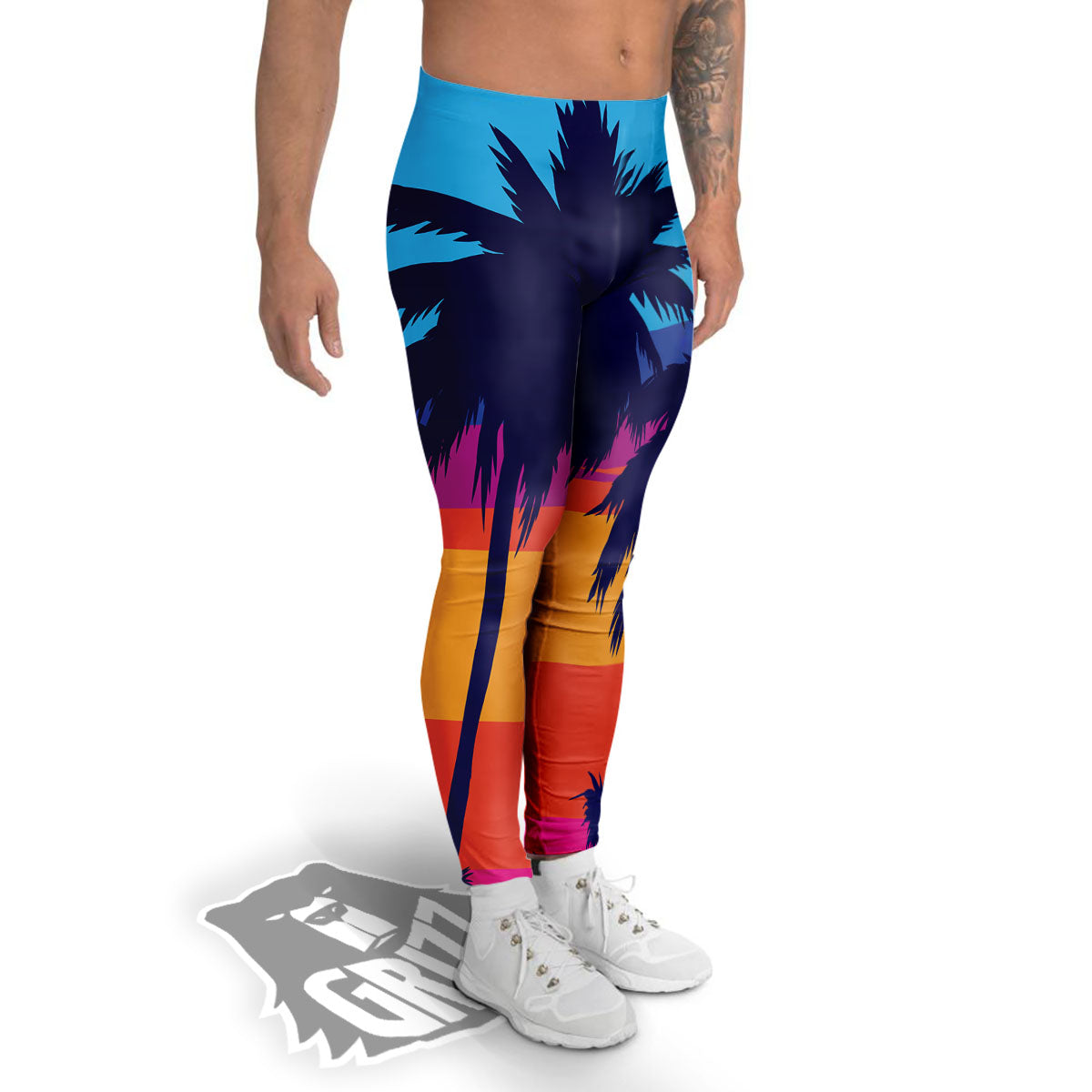 Sunset On The Beach And Palm Trees Print Men's Leggings-grizzshop