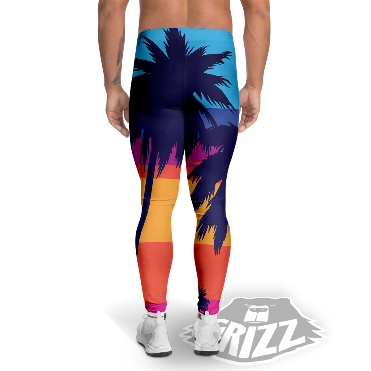 Sunset On The Beach And Palm Trees Print Men's Leggings-grizzshop