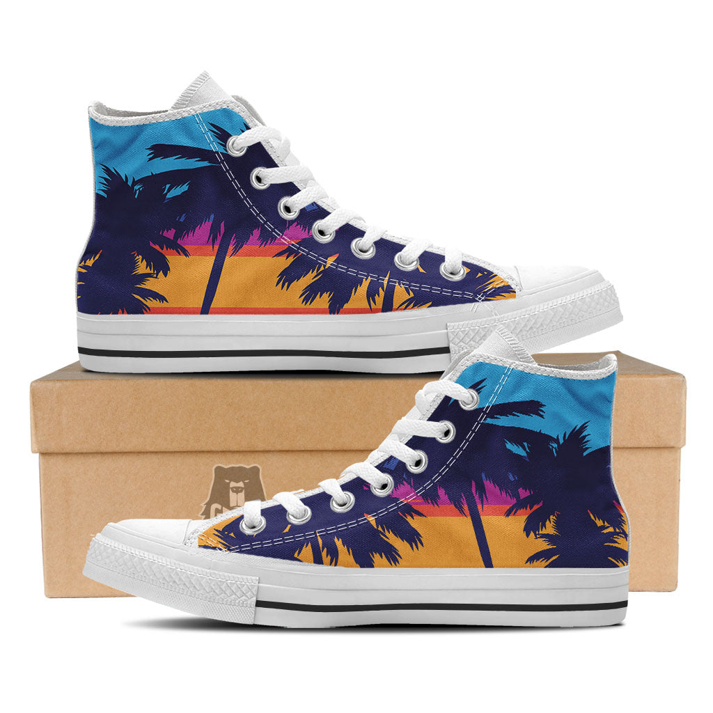 Sunset On The Beach And Palm Trees Print White High Top Shoes-grizzshop