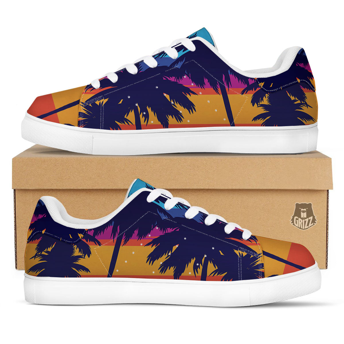 Sunset On The Beach And Palm Trees Print White Low Top Sneakers-grizzshop