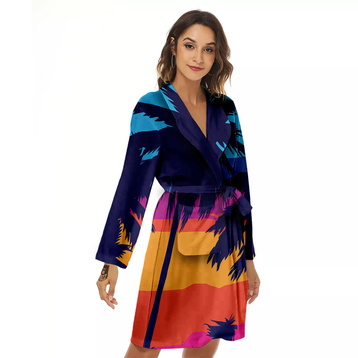 Sunset On The Beach And Palm Trees Print Women's Robe-grizzshop
