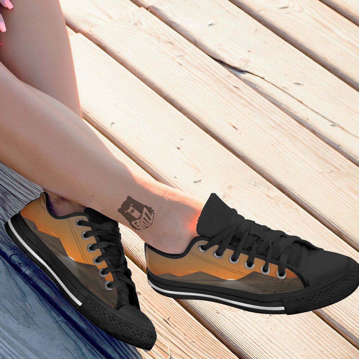 Sunset Pyramid Print Black Low Top Shoes-grizzshop