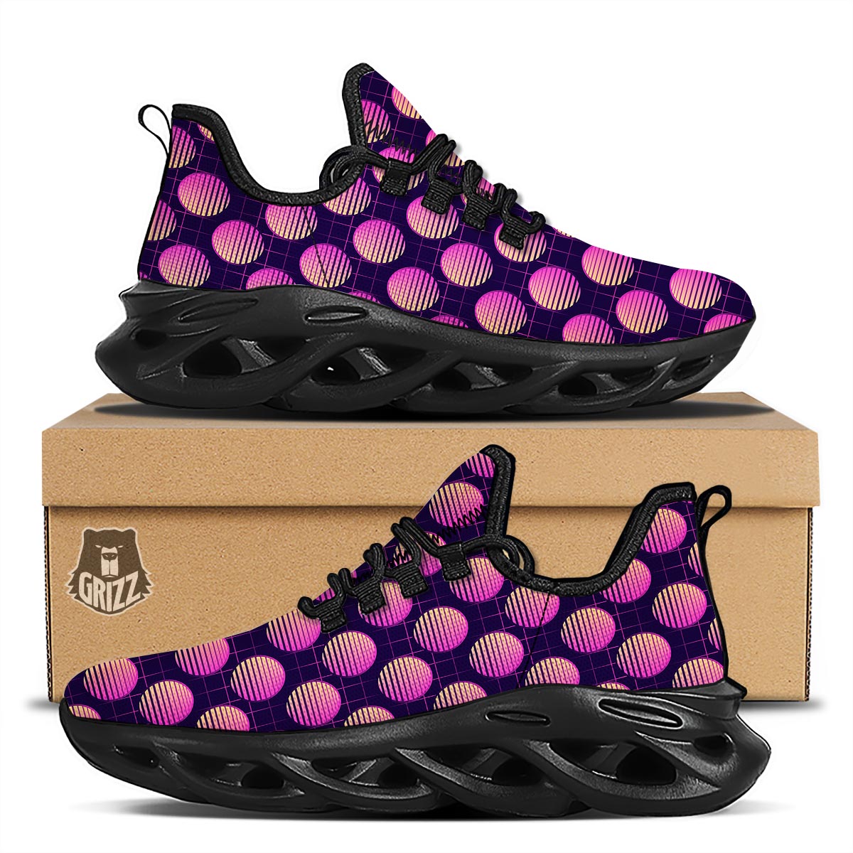 Sunset Retrowave Print Pattern Black Running Shoes-grizzshop