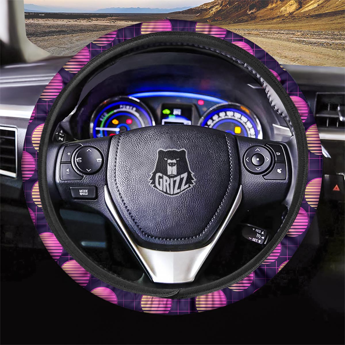 Sunset Retrowave Print Pattern Car Steering Wheel Cover-grizzshop