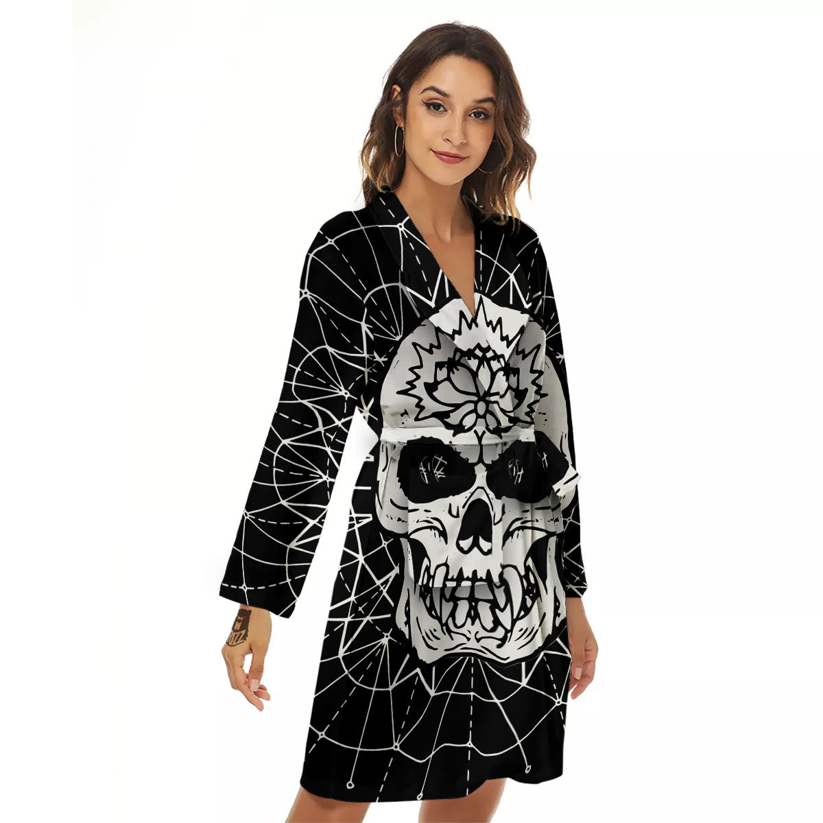 Supernatural Skull Wicca White And Black Print Women's Robe-grizzshop