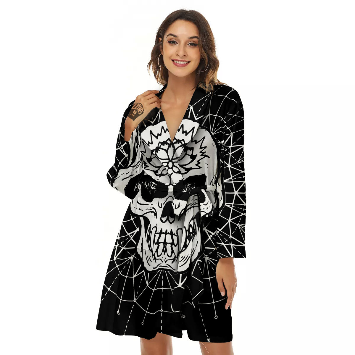Supernatural Skull Wicca White And Black Print Women's Robe-grizzshop