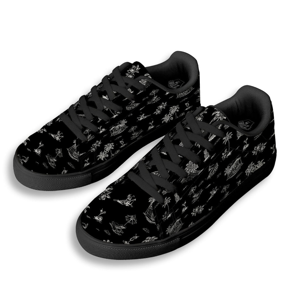 Surfing Black White Print Pattern Black Low Top Sneakers-grizzshop