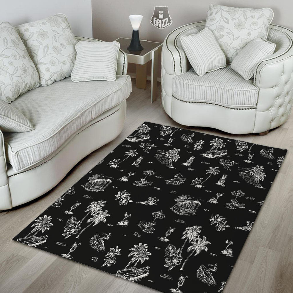Surfing Black White Print Pattern Floor Mat-grizzshop