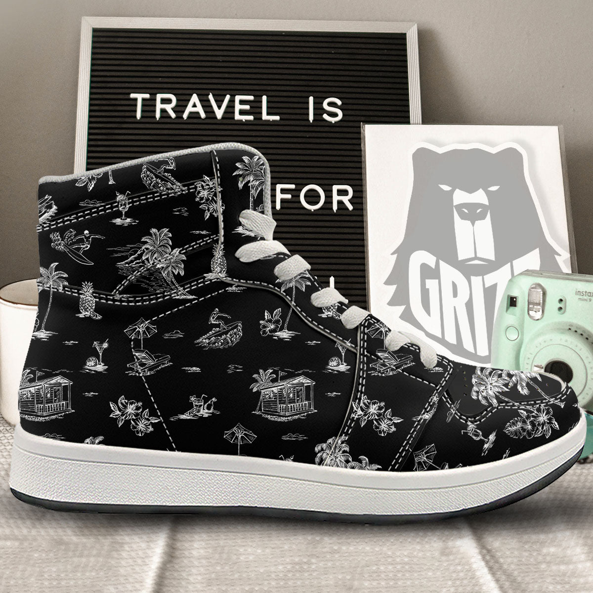 Surfing Black White Print Pattern High Top Sneakers-grizzshop