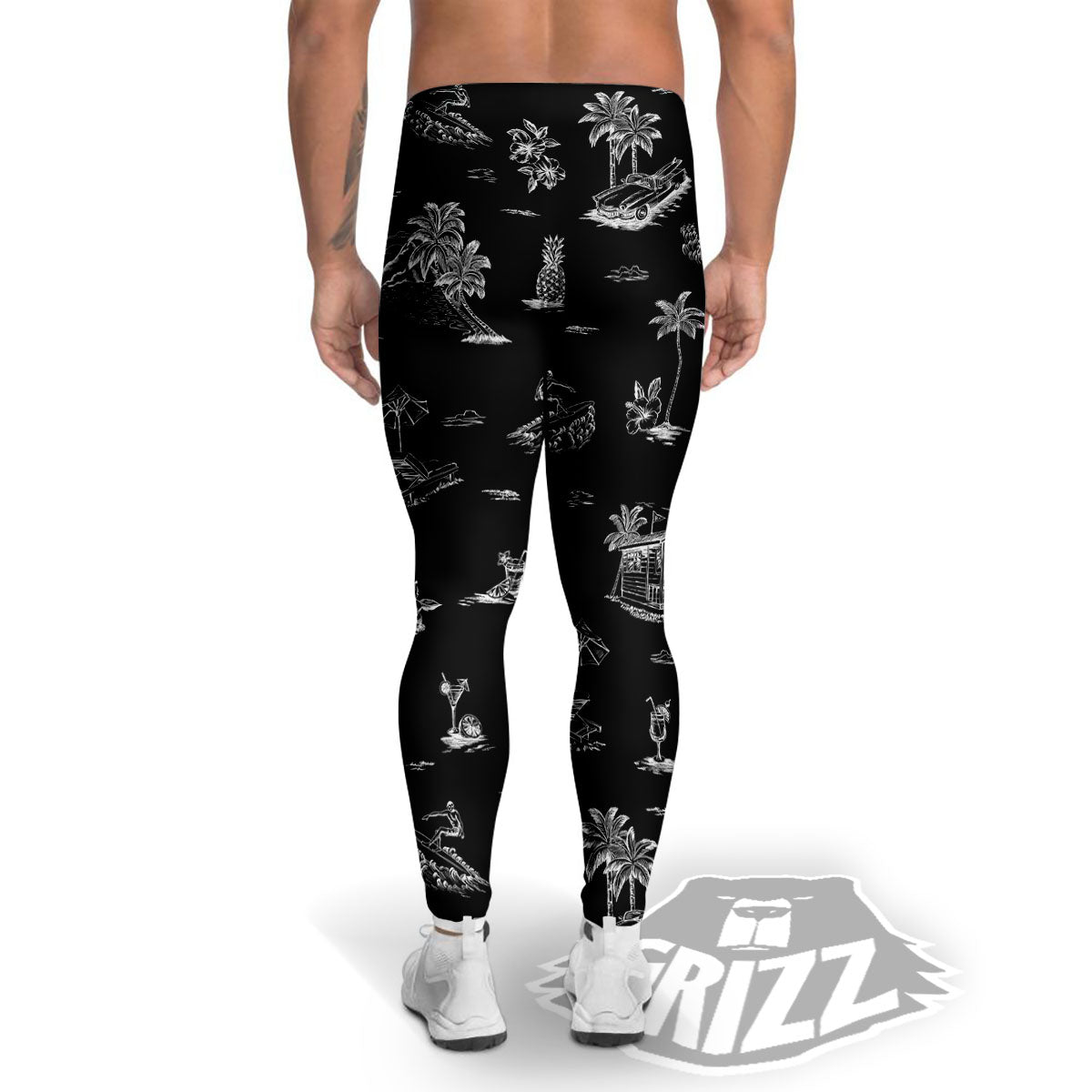 Surfing Black White Print Pattern Men's Leggings-grizzshop