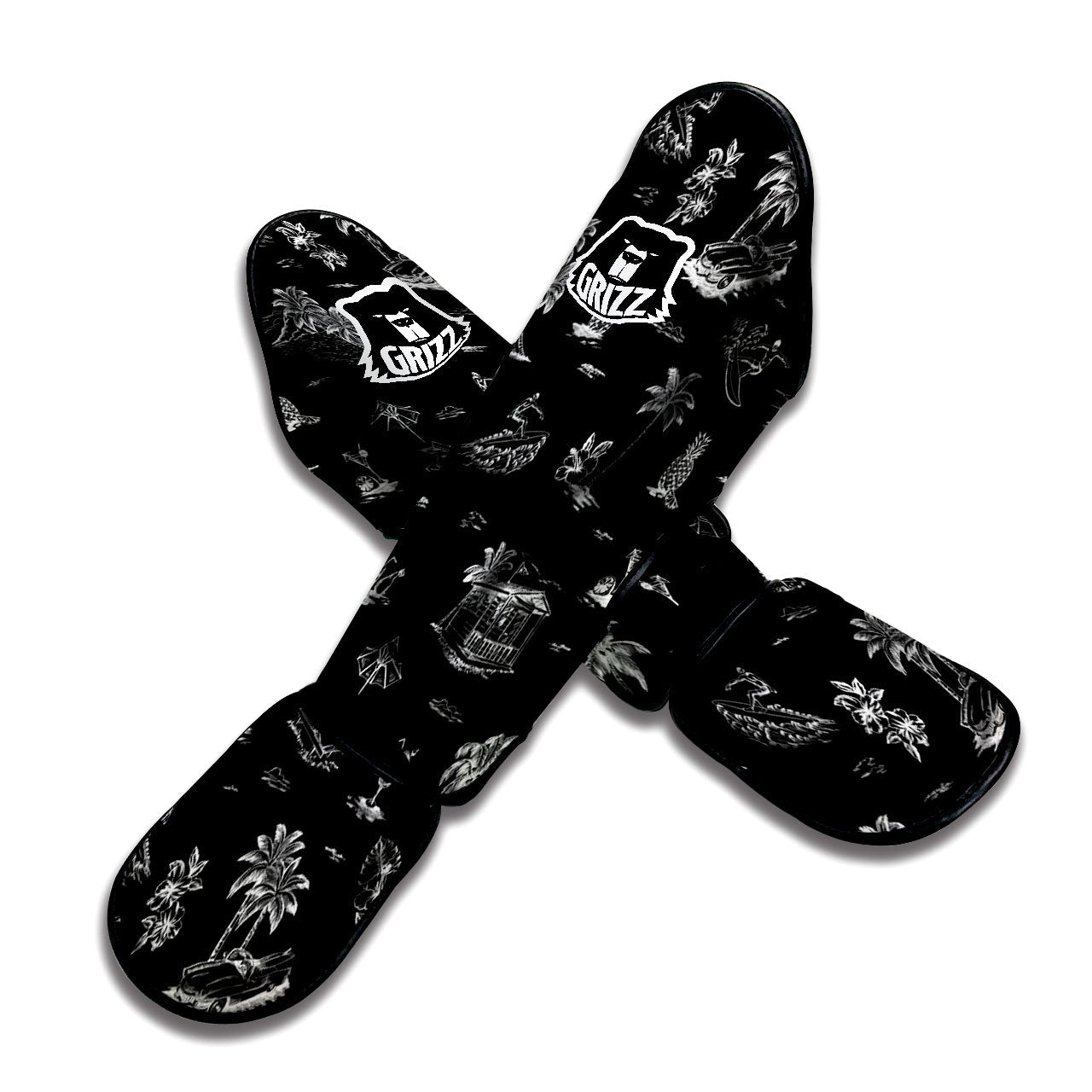 Surfing Black White Print Pattern Muay Thai Shin Guards-grizzshop