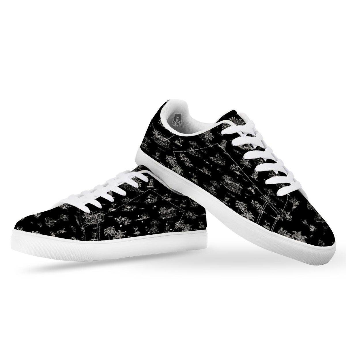 Surfing Black White Print Pattern White Low Top Sneakers-grizzshop