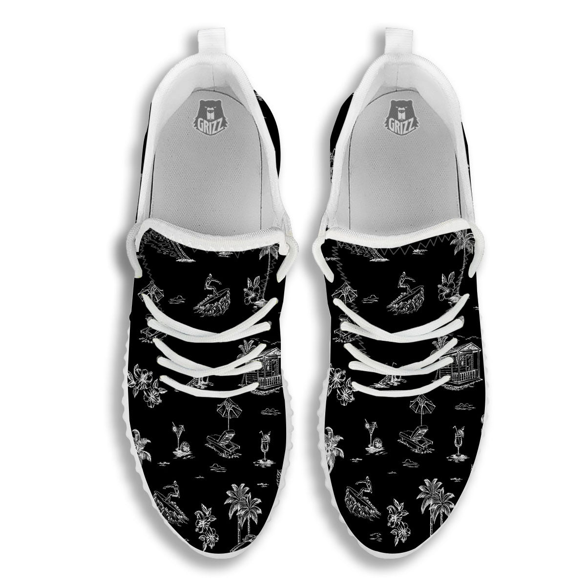Surfing Black White Print Pattern White Walking Shoes-grizzshop
