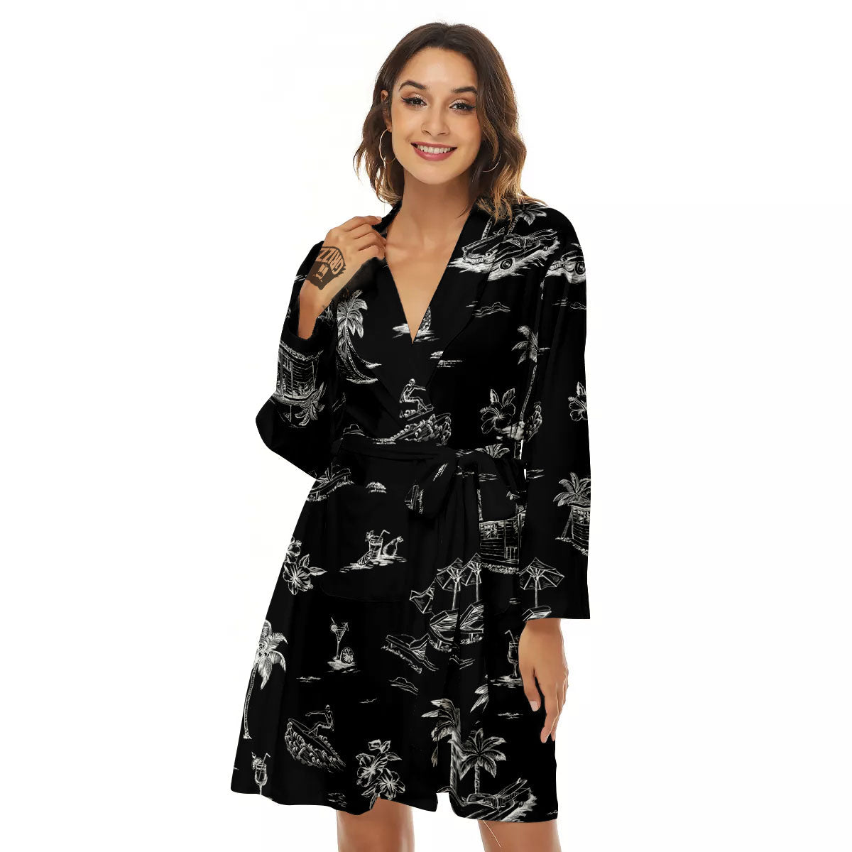 Surfing Black White Print Pattern Women's Robe-grizzshop