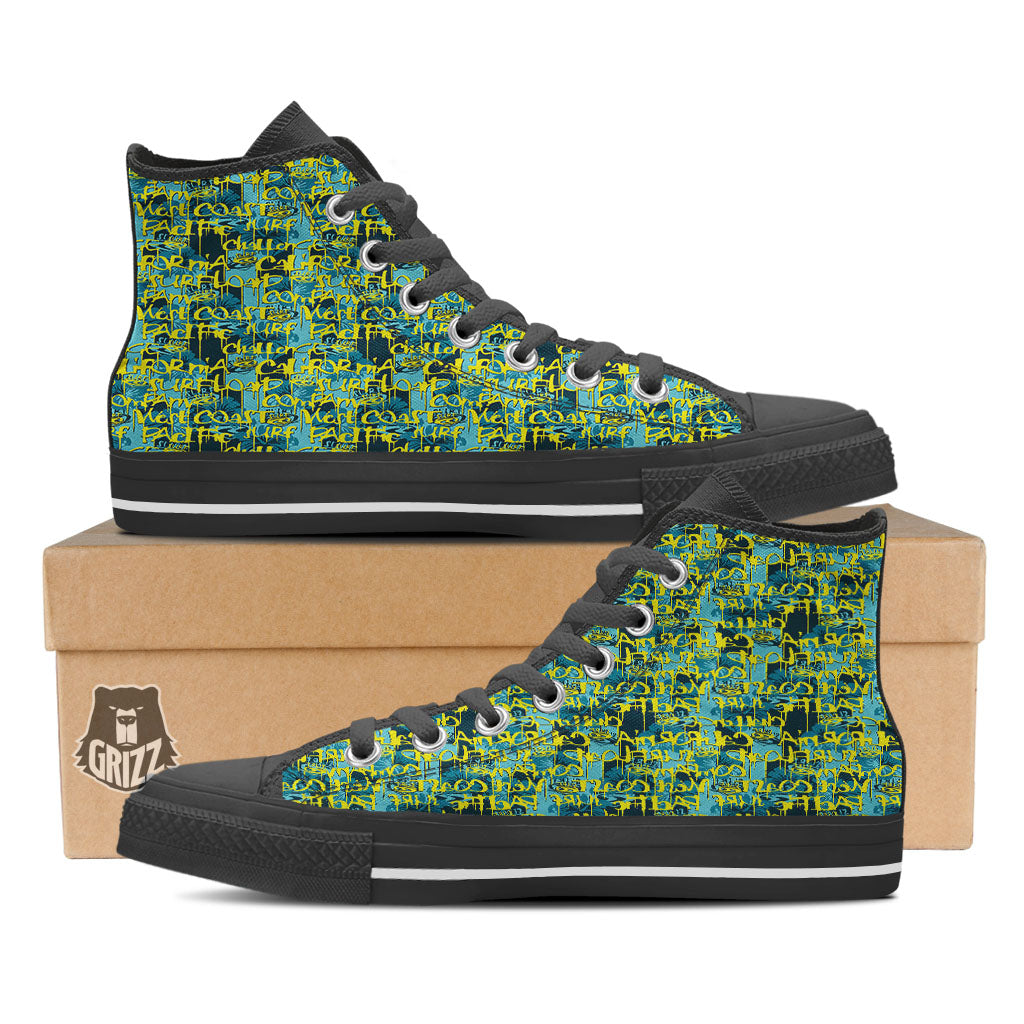 Surfing Graffiti Print Pattern Black High Top Shoes-grizzshop