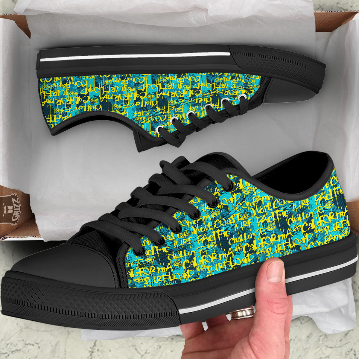 Surfing Graffiti Print Pattern Black Low Top Shoes-grizzshop