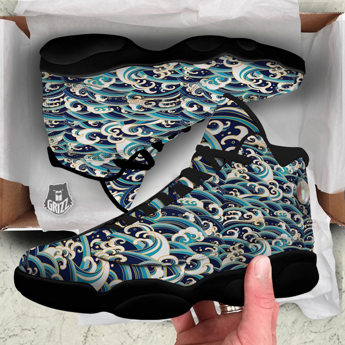 Surfing Sea Wave Print Pattern Black Basketball Shoes-grizzshop