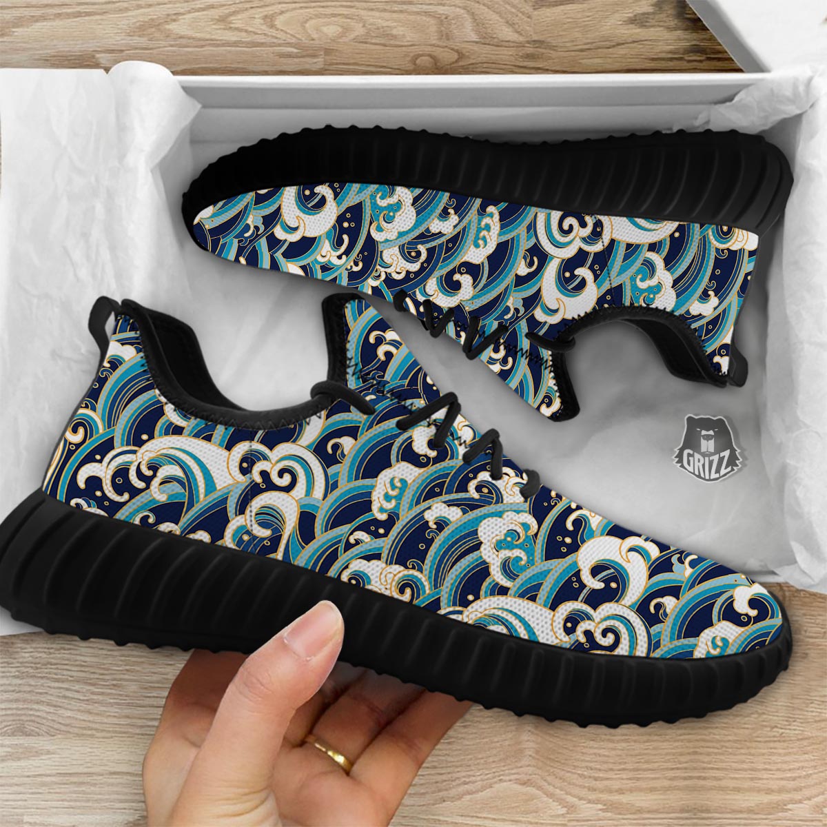 Surfing Sea Wave Print Pattern Black Walking Shoes-grizzshop