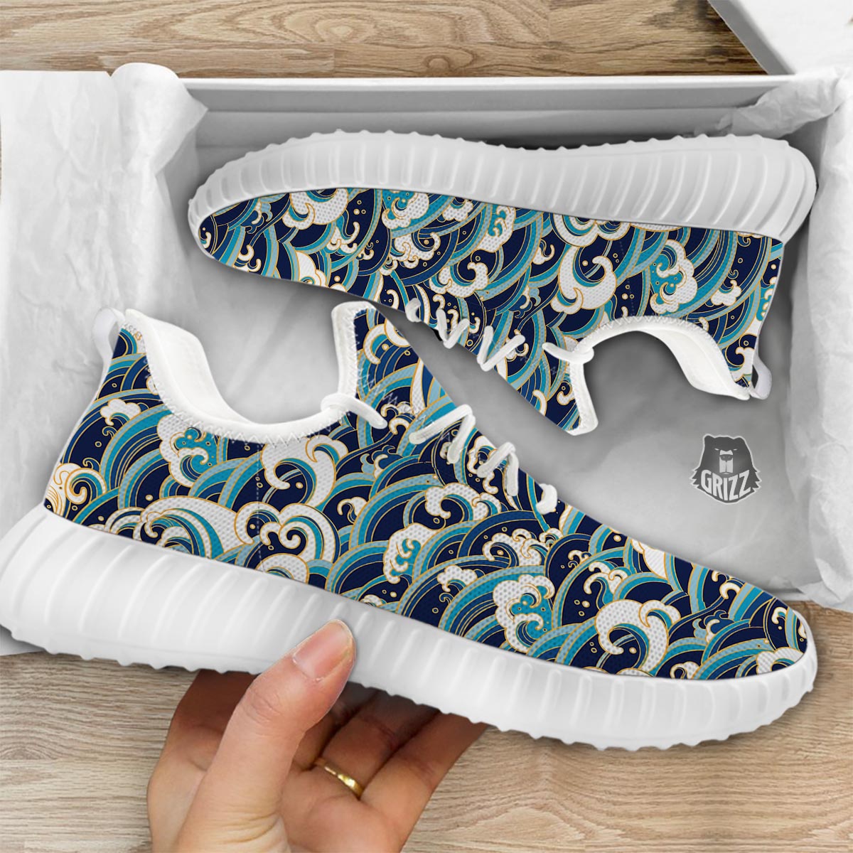Surfing Sea Wave Print Pattern White Walking Shoes-grizzshop