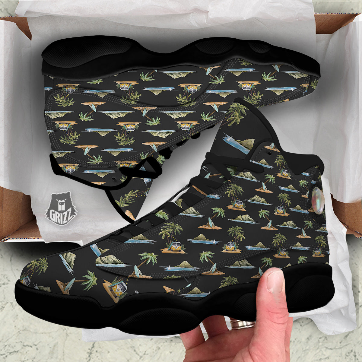 Surfing Watercolor Print Pattern Black Basketball Shoes-grizzshop