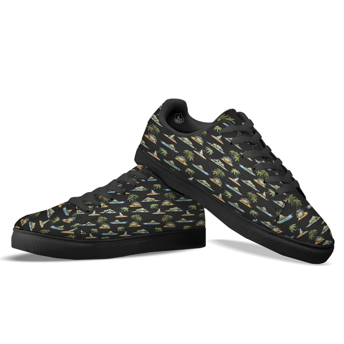 Surfing Watercolor Print Pattern Black Low Top Sneakers-grizzshop