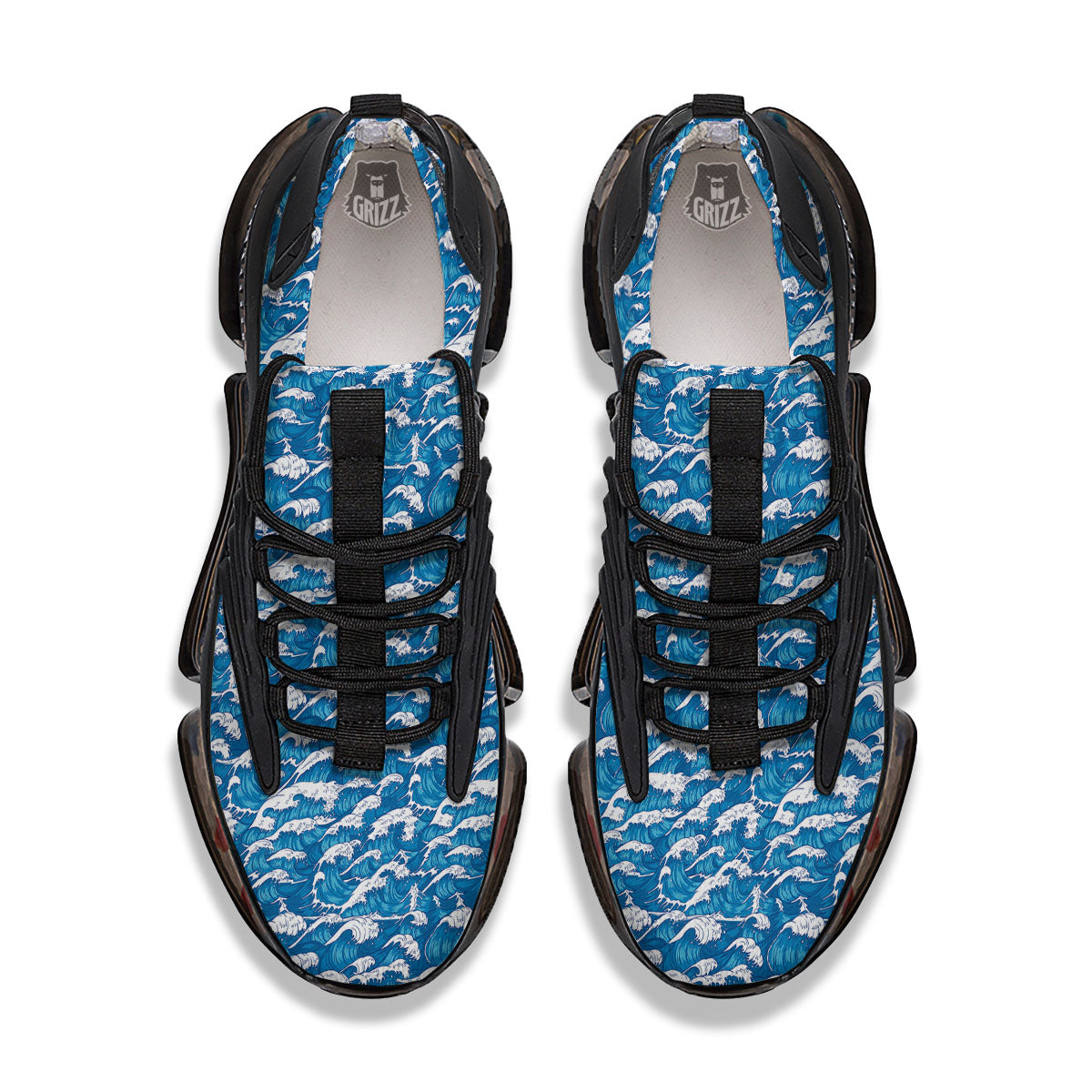 Surfing Wave Blue Print Pattern Black Gym Shoes-grizzshop
