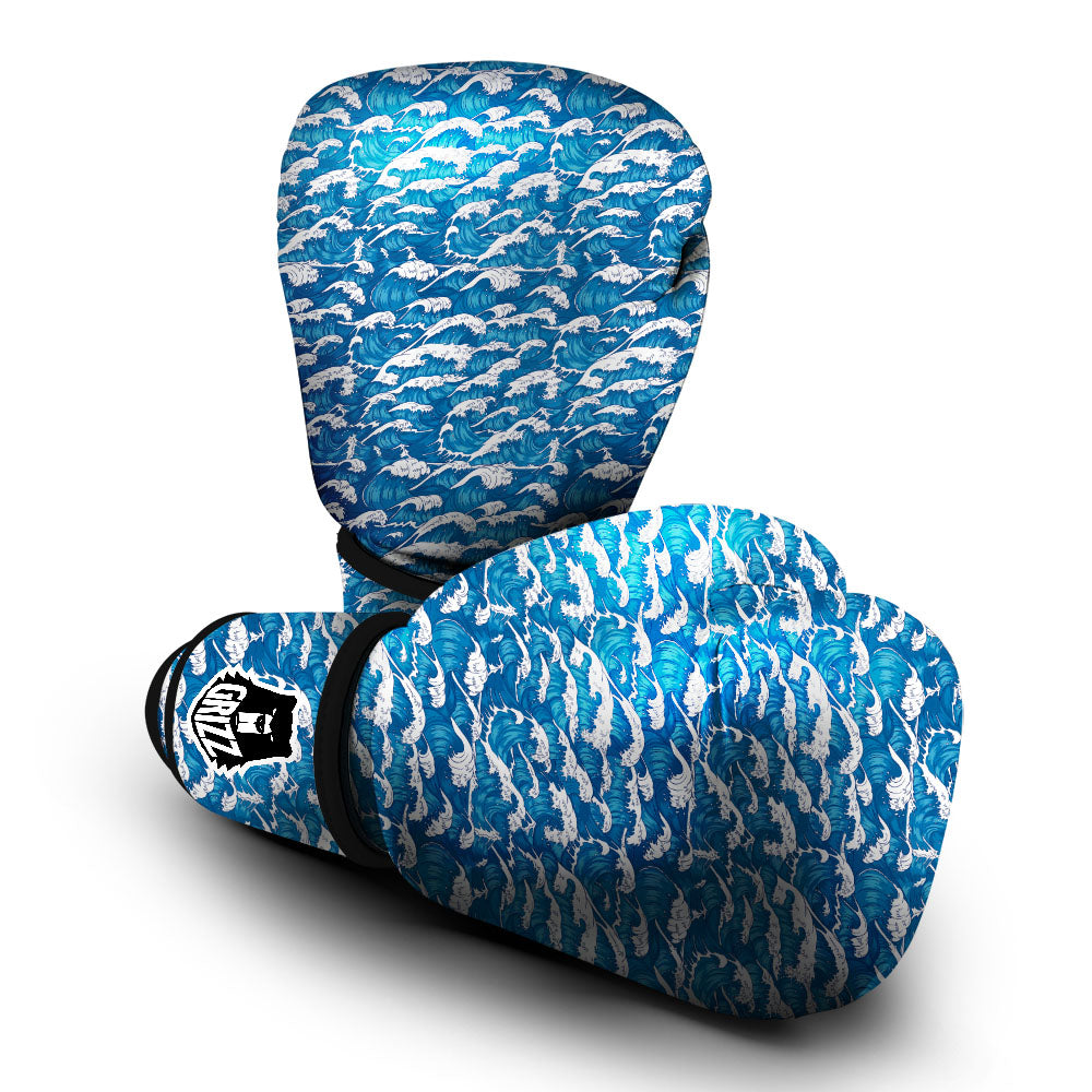 Surfing Wave Blue Print Pattern Boxing Gloves-grizzshop