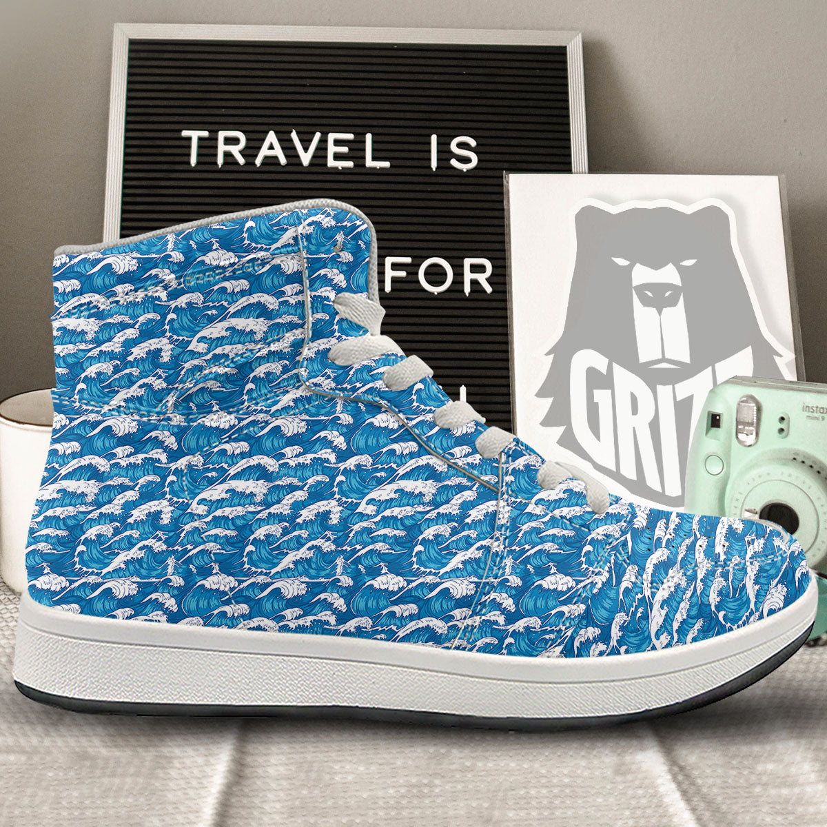 Surfing Wave Blue Print Pattern High Top Sneakers-grizzshop