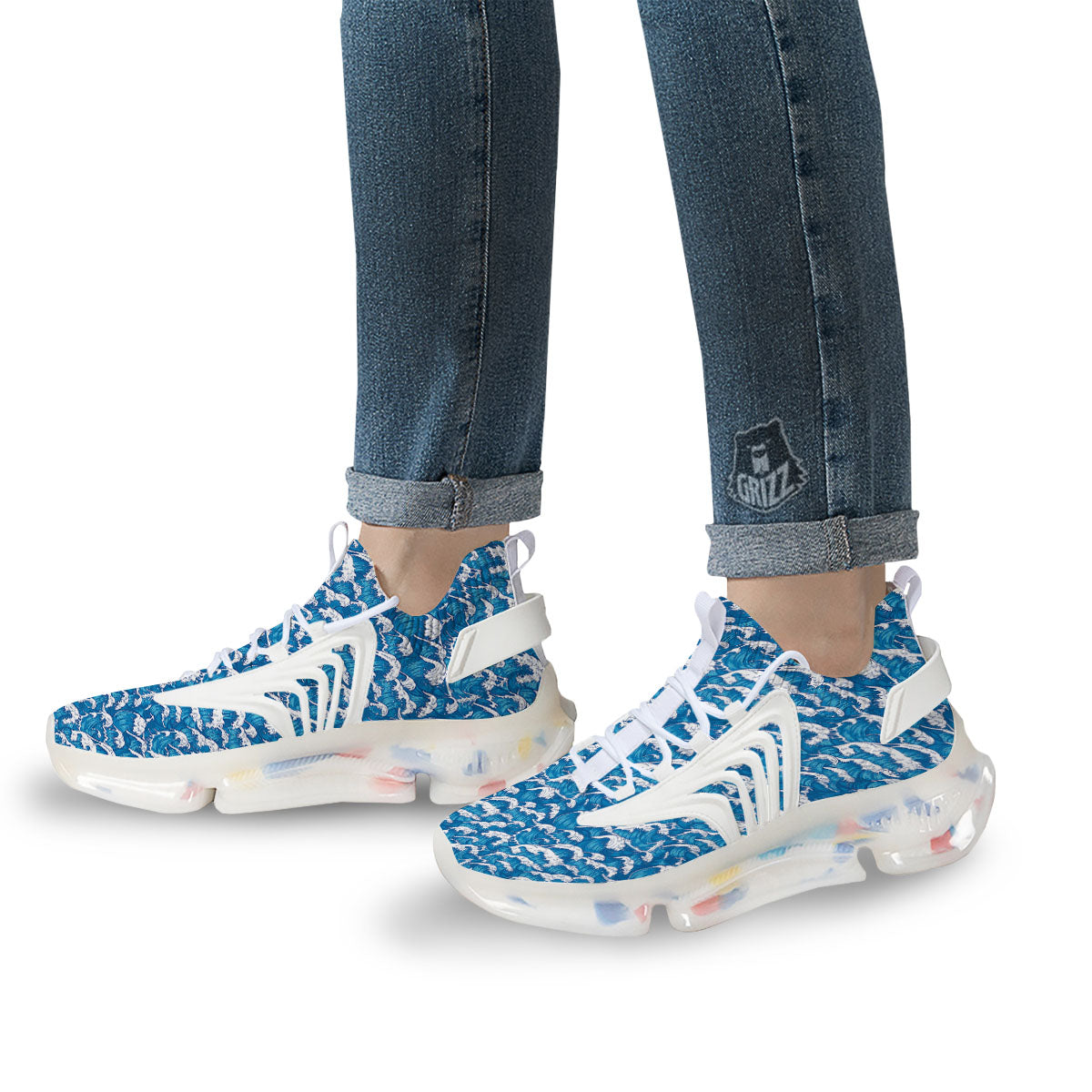 Surfing Wave Blue Print Pattern White Gym Shoes-grizzshop
