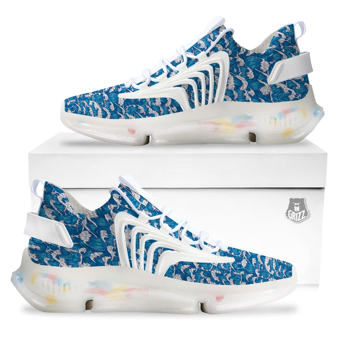 Surfing Wave Blue Print Pattern White Gym Shoes-grizzshop