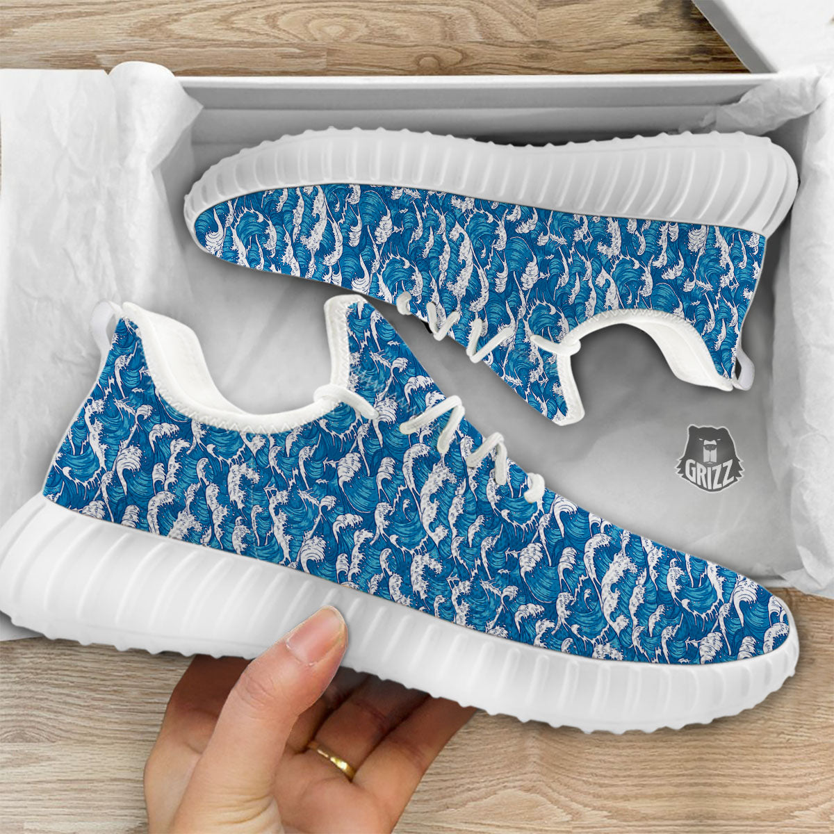 Surfing Wave Blue Print Pattern White Walking Shoes-grizzshop
