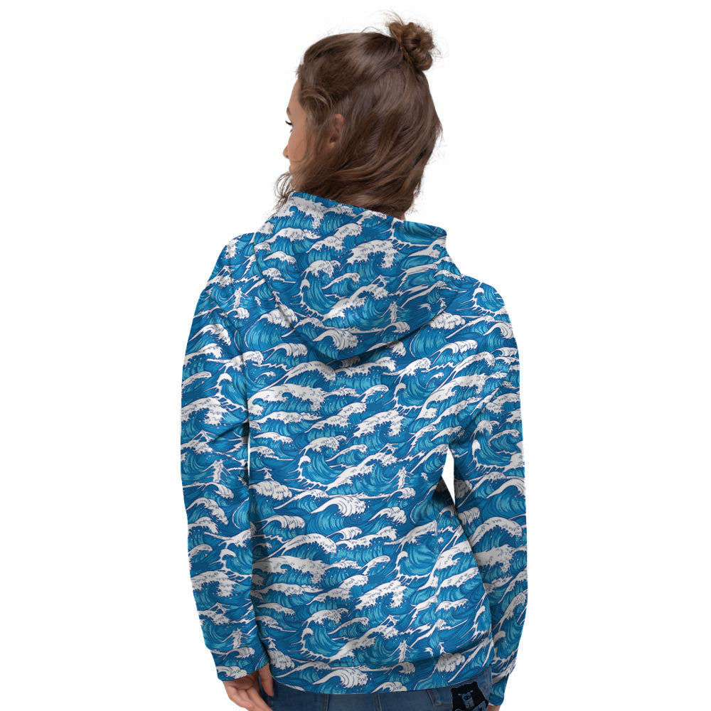 Surfing Wave Blue Print Pattern Women's Hoodie-grizzshop
