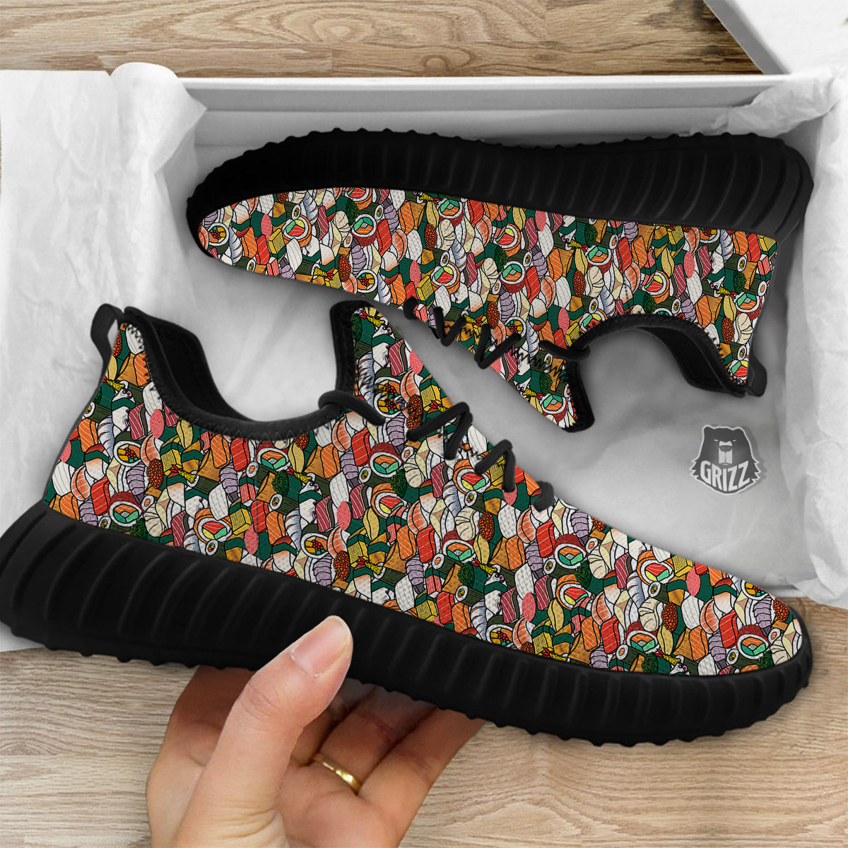 Sushi Japanese Colorful Print Pattern Black Walking Shoes-grizzshop
