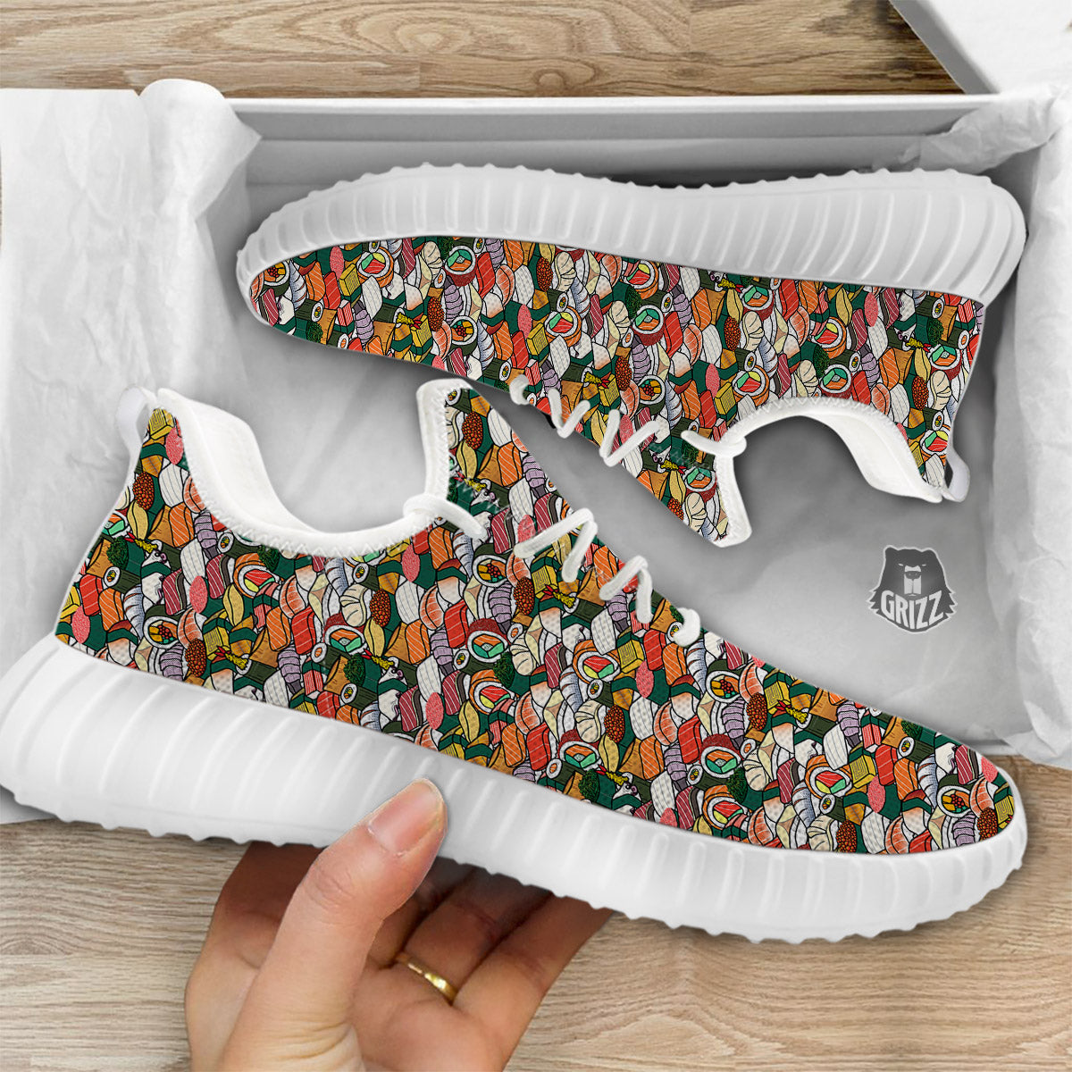 Sushi Japanese Colorful Print Pattern White Walking Shoes-grizzshop