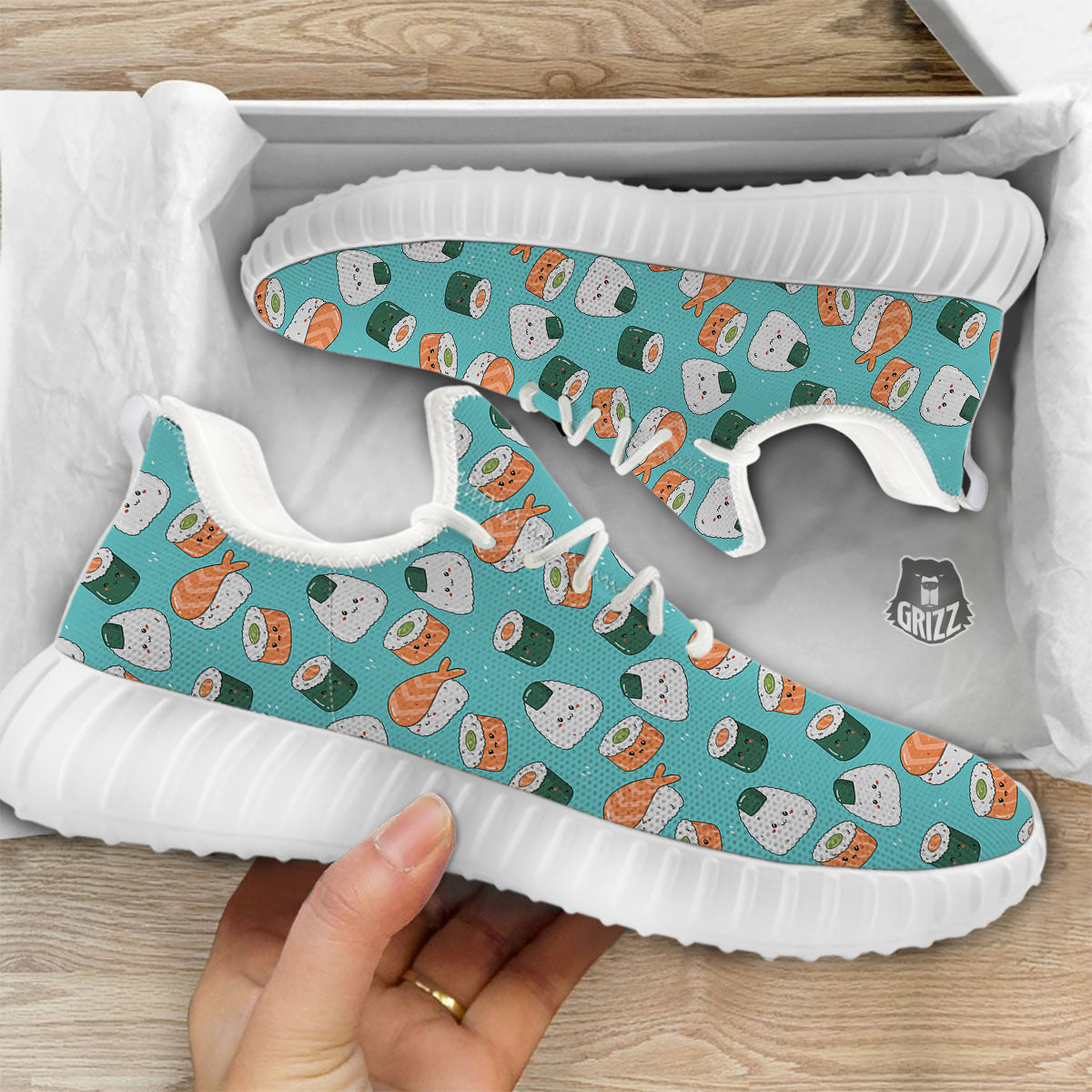 Sushi Kawaii Japanese Print Pattern White Walking Shoes-grizzshop