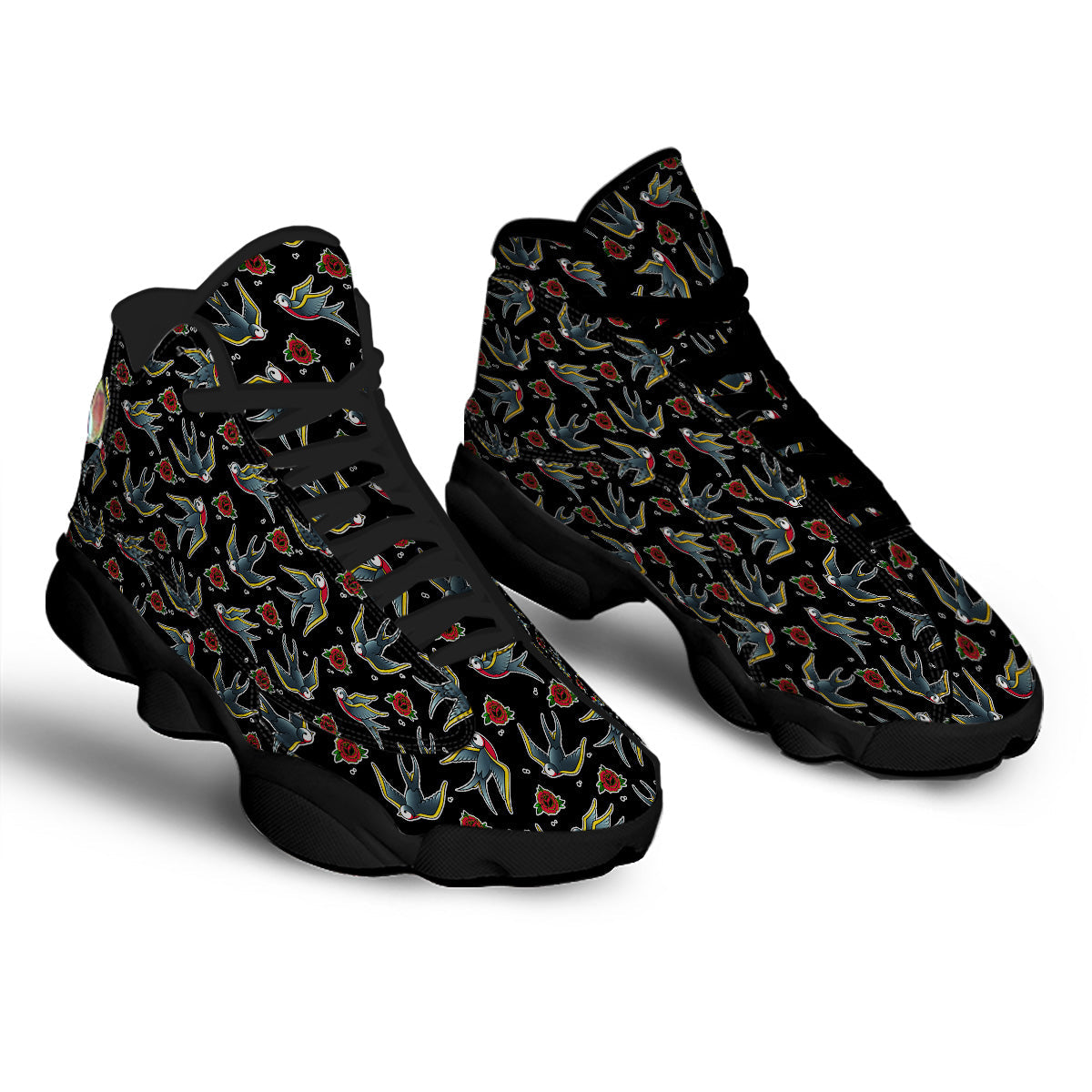 Swallows And Roses Tattoo Print Pattern Black Basketball Shoes-grizzshop