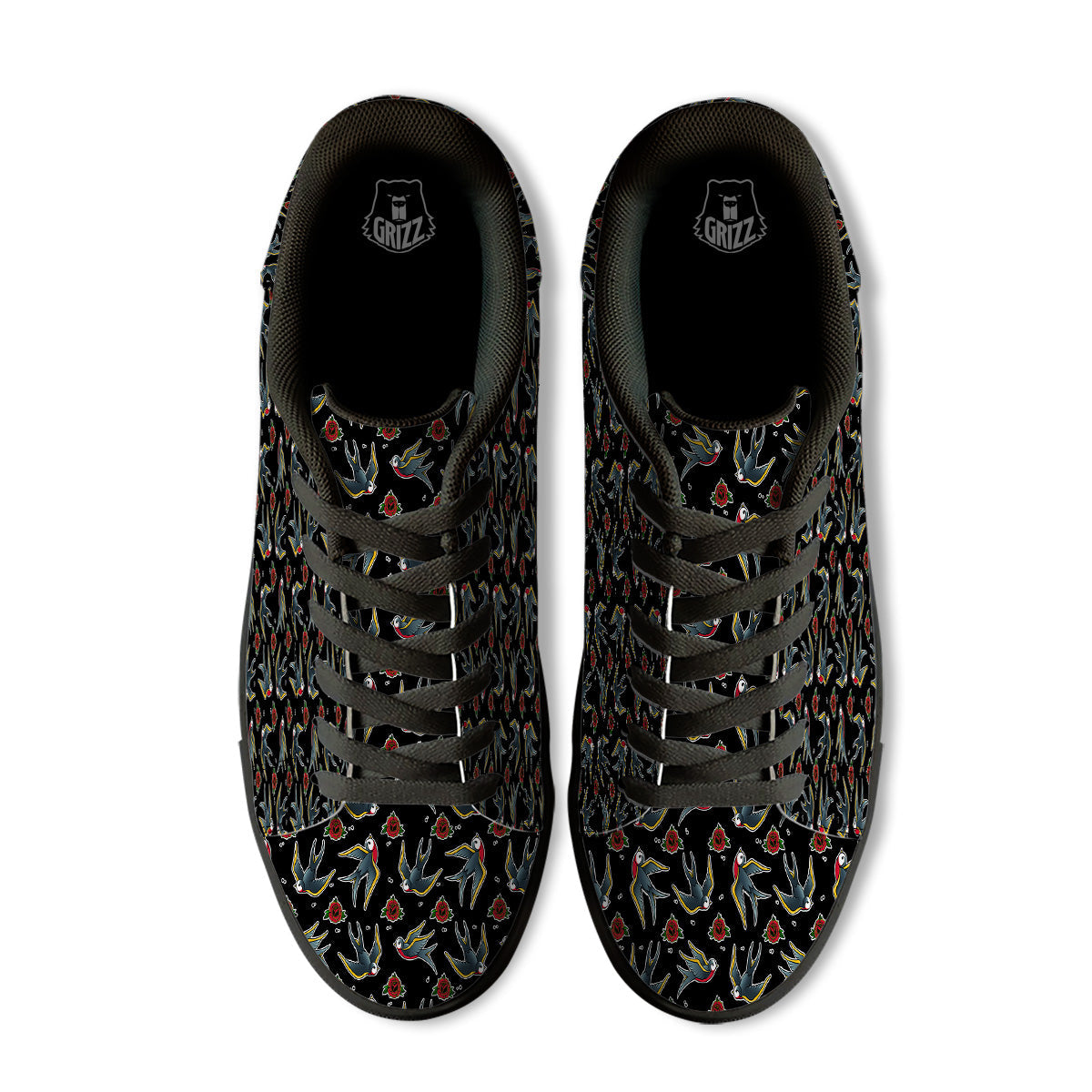 Swallows And Roses Tattoo Print Pattern Black Low Top Sneakers-grizzshop